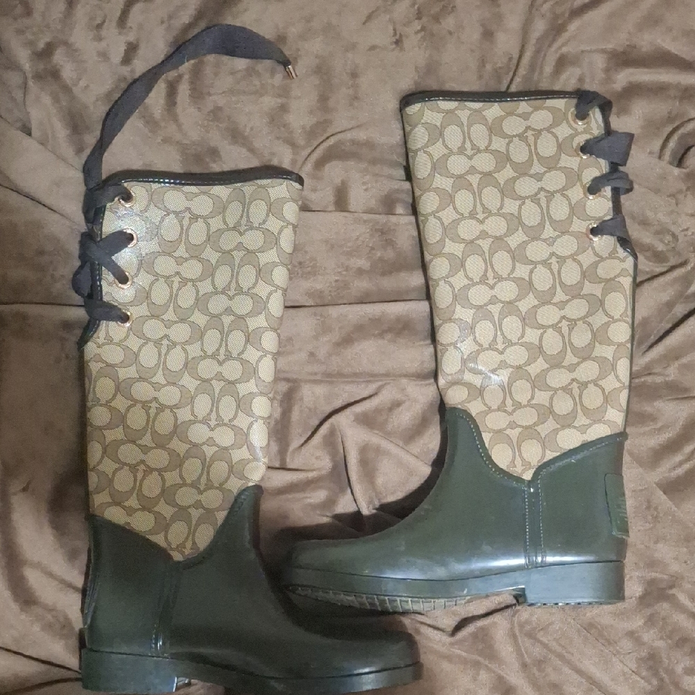 COACH TRISTEE ICONIC SIGNATURE CANVAS LACE UP CORSET RAIN BOOTS